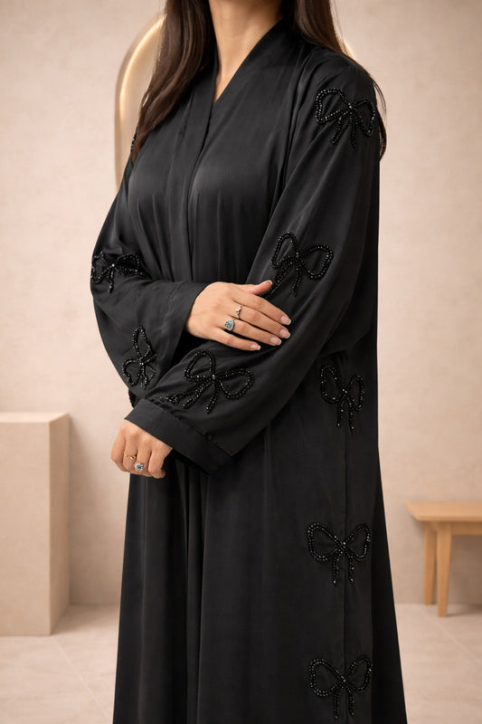 Front Open Crinkle Big Bow Cut Dana Luxury Abaya | Abdanis