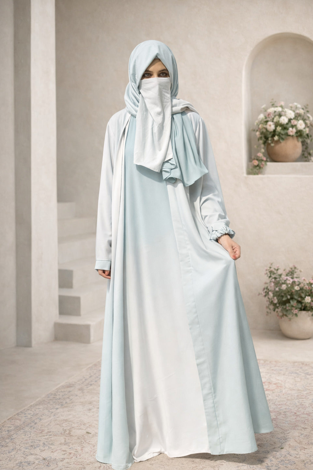 Ice Blue Korean Silk Inner Upper Front Open Abaya for Women in Pakistan – Luxury Modest Wear by Abdanis
