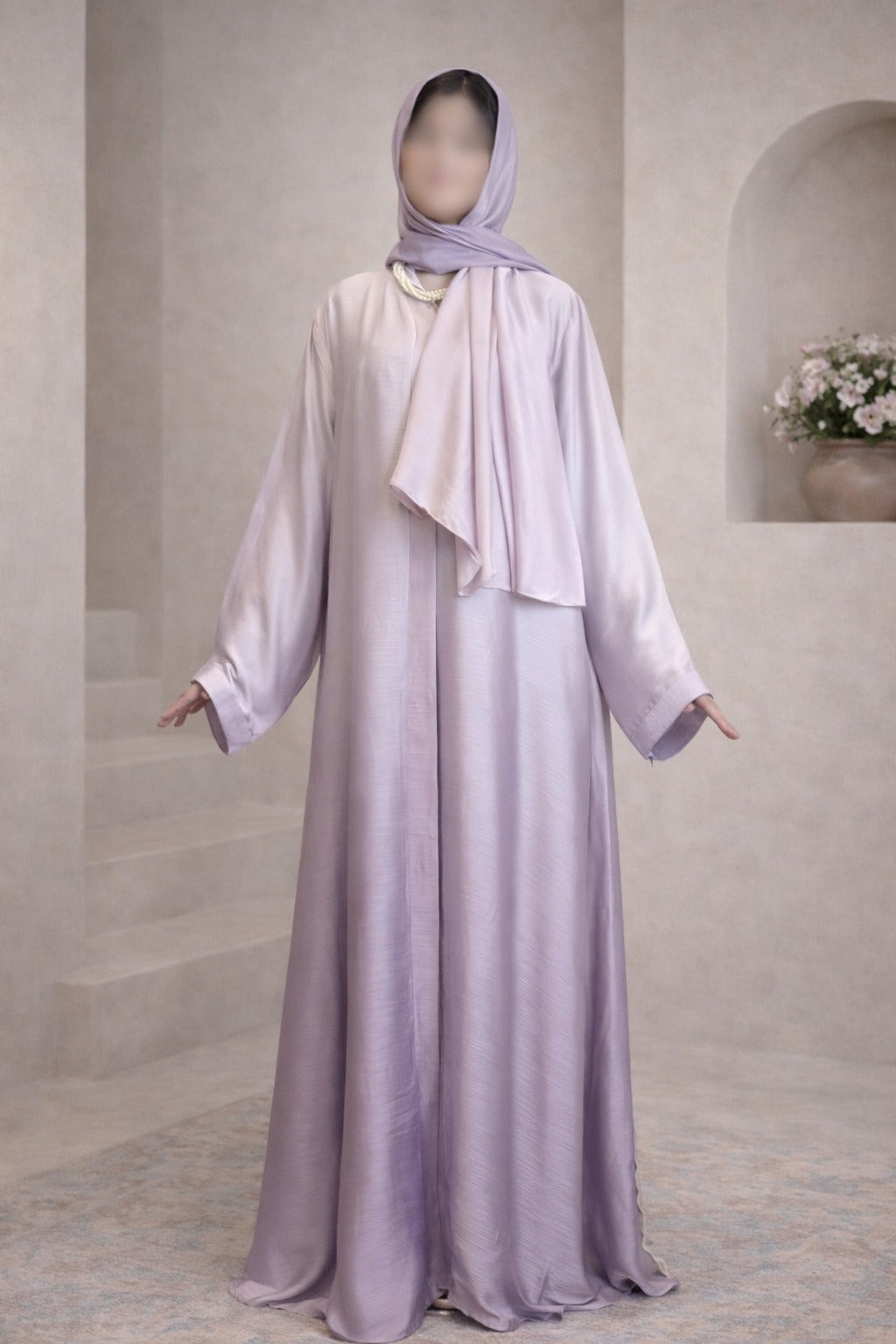 Light Pink Purple Ombre Tie Dye Front Open Korean Silk Abaya for Women in Pakistan – Premium Modest Abaya by Abdanis