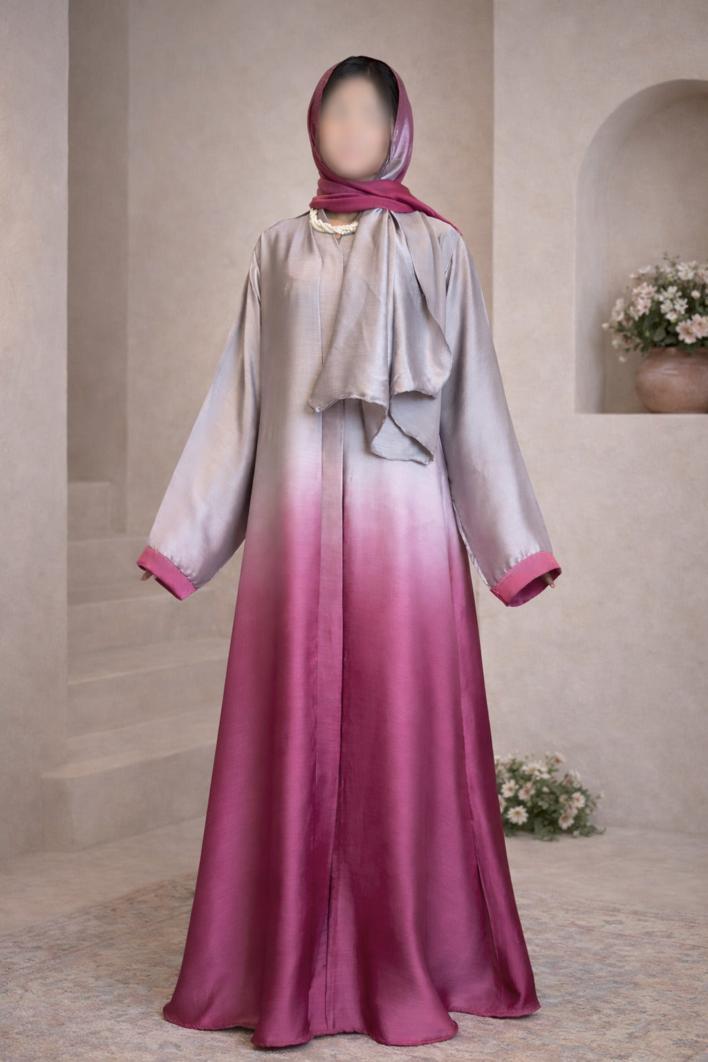 Silver Rose Pink Ombre Tie Dye Front Open Korean Silk Abaya for Women in Pakistan – Premium Modest Abaya by Abdanis