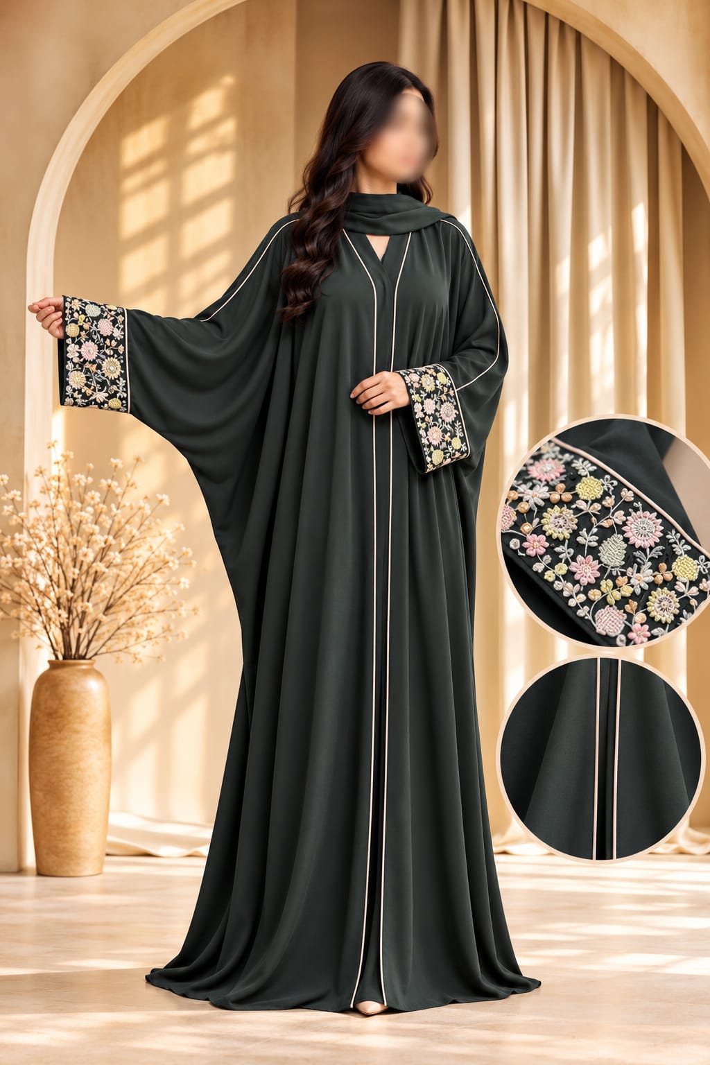 Toffee Butterfly Cut Floral Cutdana Embroidery Abaya | Abdanis