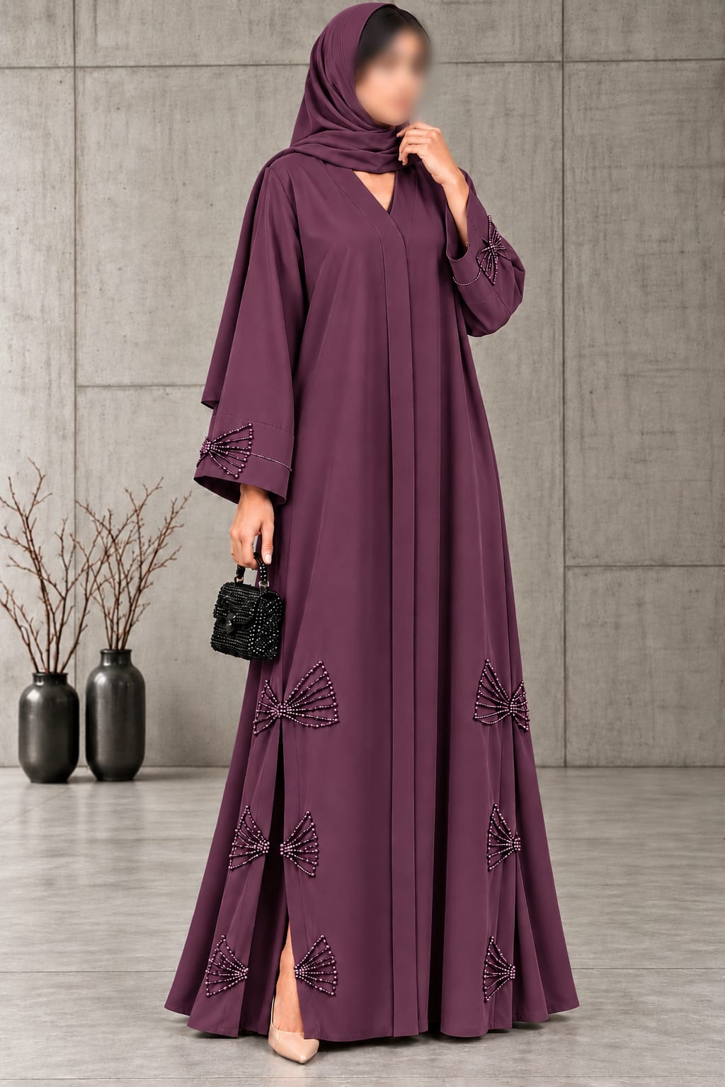 Farwa Italian 3 Bow Cutdana Embroidery Work | Abaya Abdanis