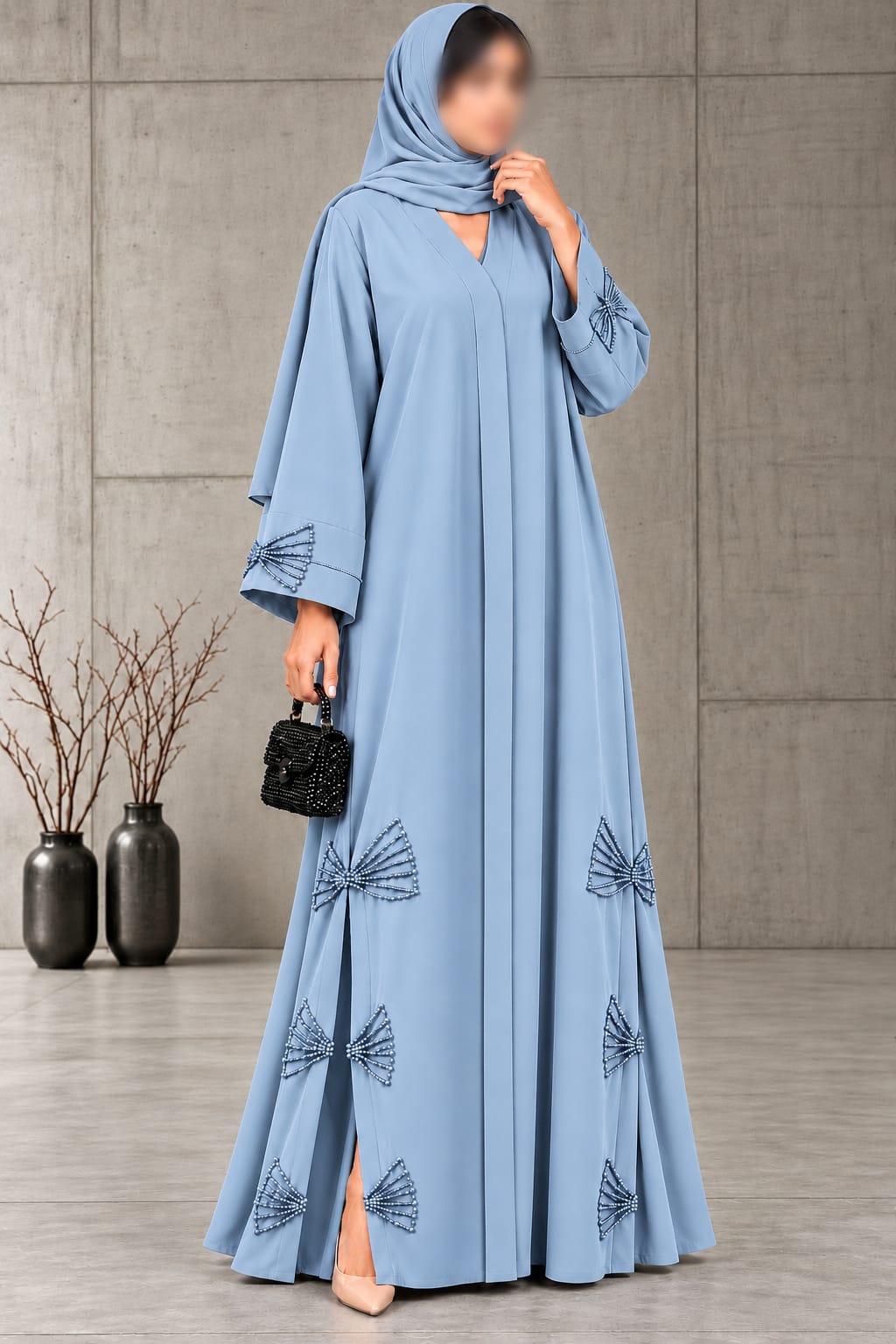 Farwa Italian 3 Bow Cutdana Embroidery Work | Abaya Abdanis