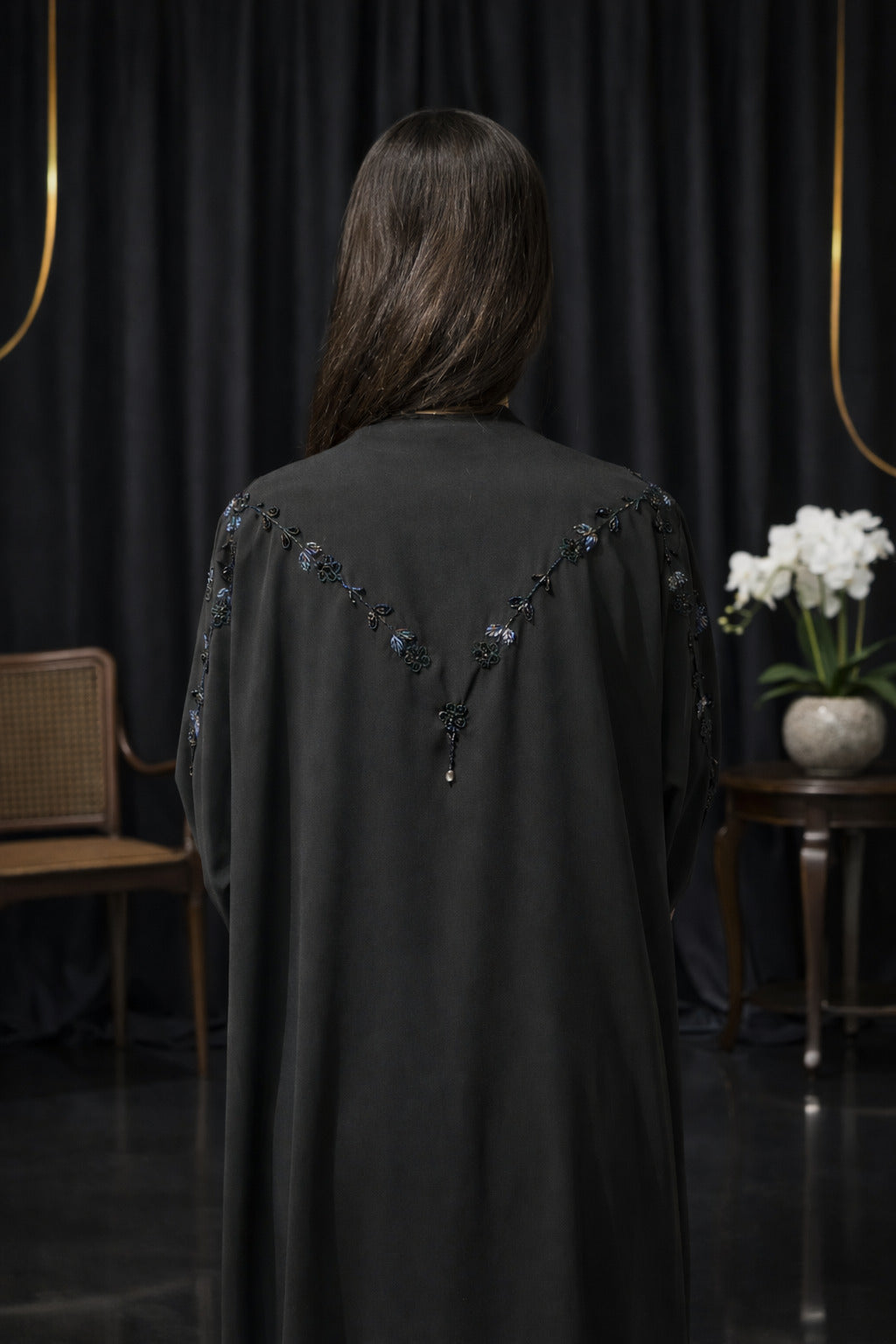 Black Contrast Hand Work Front Open Plain Nida Abaya | Abdanis