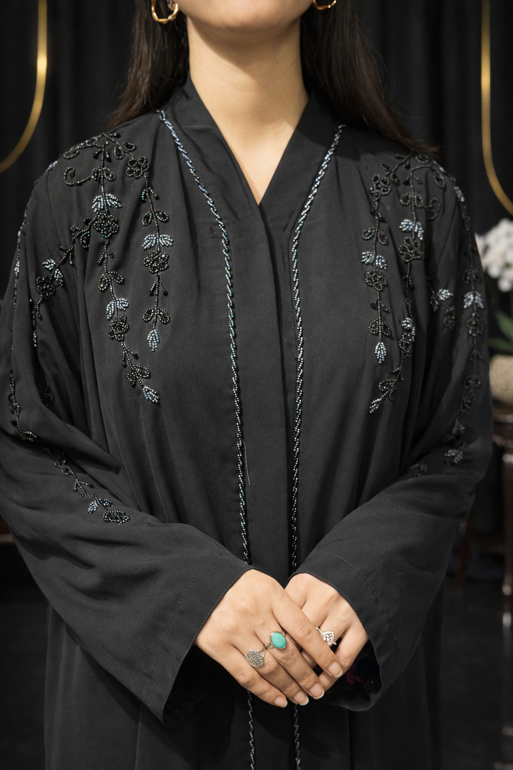 Black Contrast Hand Work Front Open Plain Nida Abaya | Abdanis
