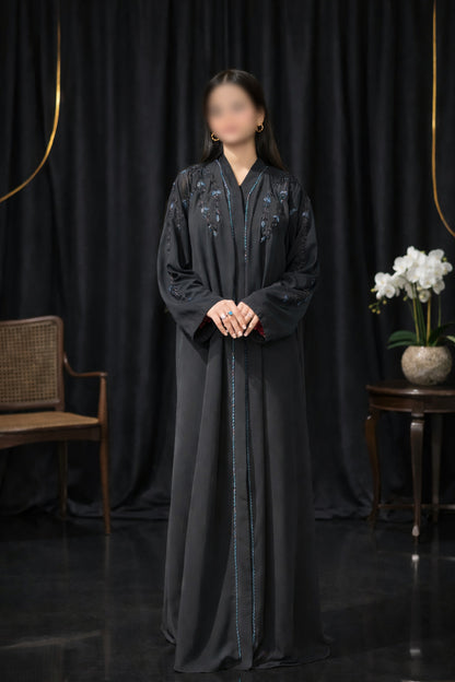 Black Contrast Hand Work Front Open Plain Nida Abaya | Abdanis