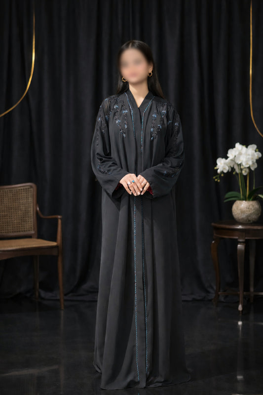 Black Contrast Hand Work Front Open Plain Nida Abaya | Abdanis