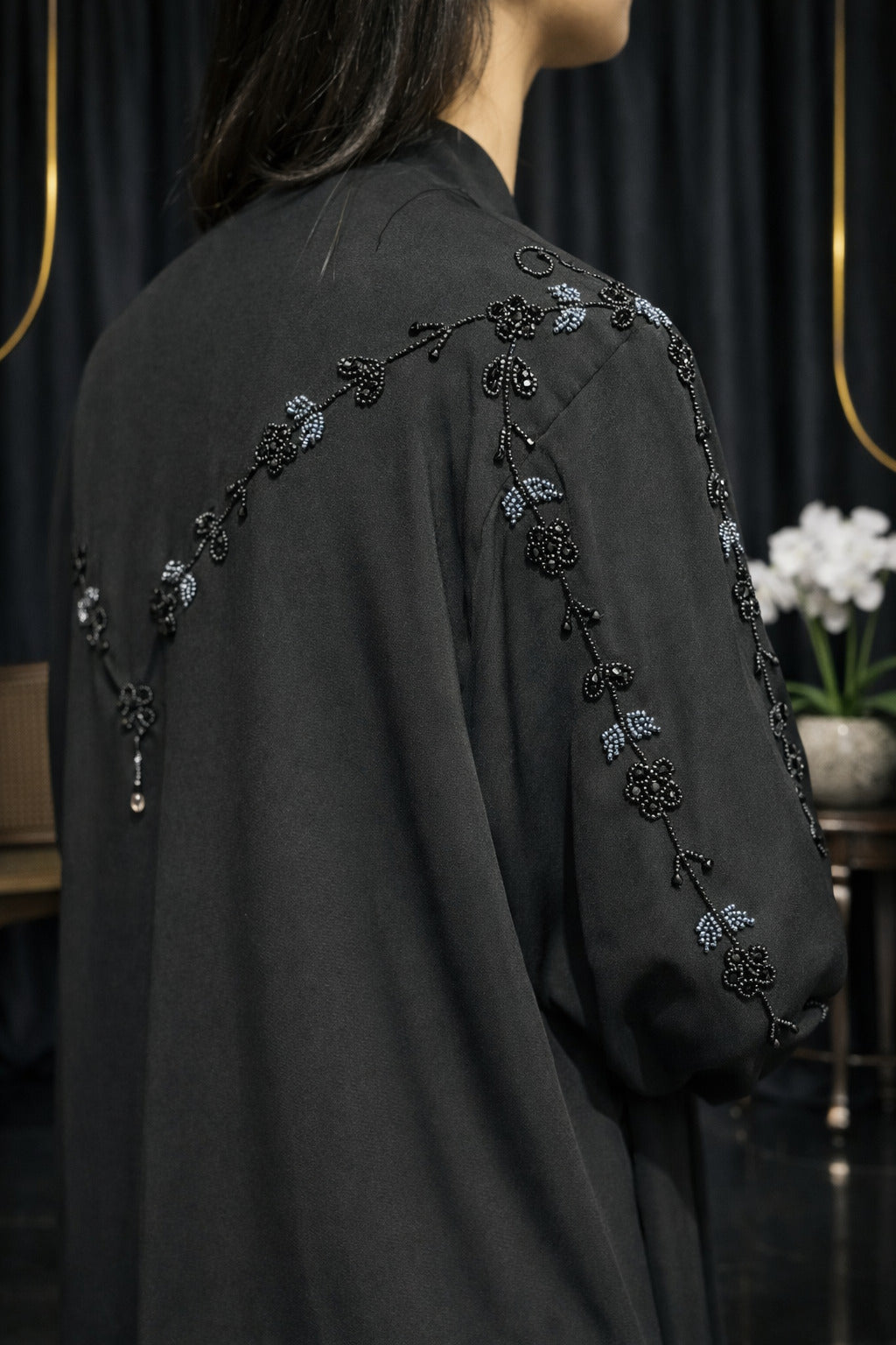 Black Contrast Hand Work Front Open Plain Nida Abaya | Abdanis