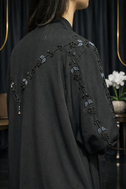 Black Contrast Hand Work Front Open Plain Nida Abaya | Abdanis