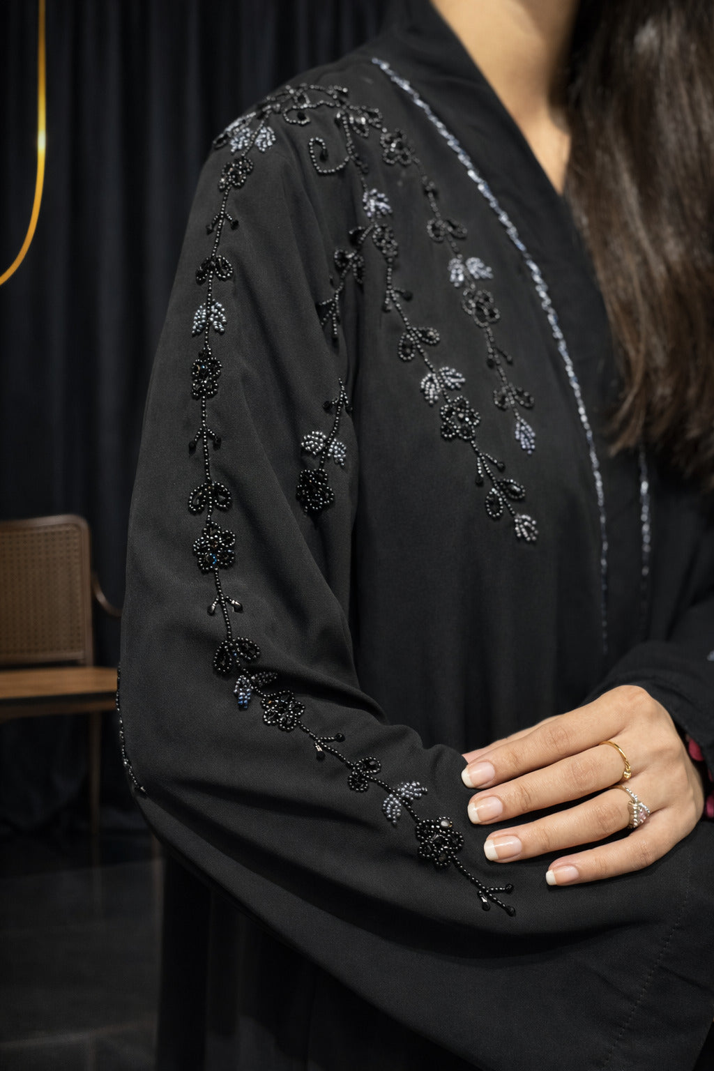 Black Contrast Hand Work Front Open Plain Nida Abaya | Abdanis