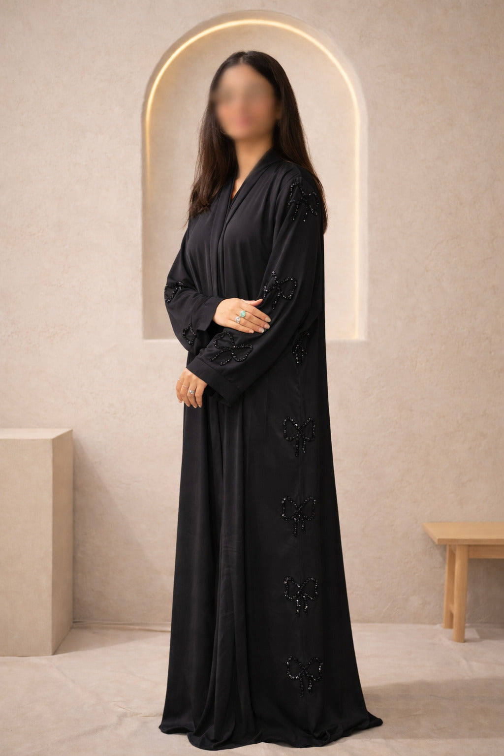 Front Open Crinkle Big Bow Cut Dana Luxury Abaya | Abdanis