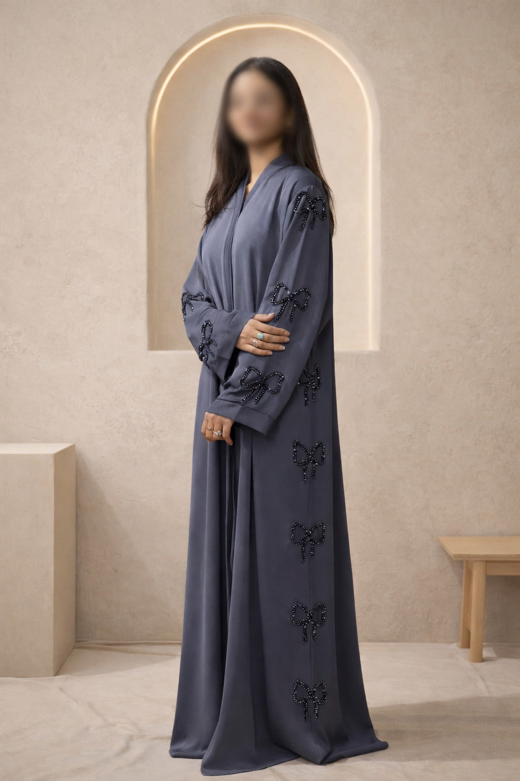 Front Open Crinkle Big Bow Cut Dana Luxury Abaya | Abdanis