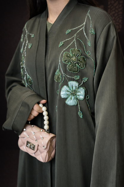 Hafsa floral tissue embroidered designer abaya for women in Pakistan
