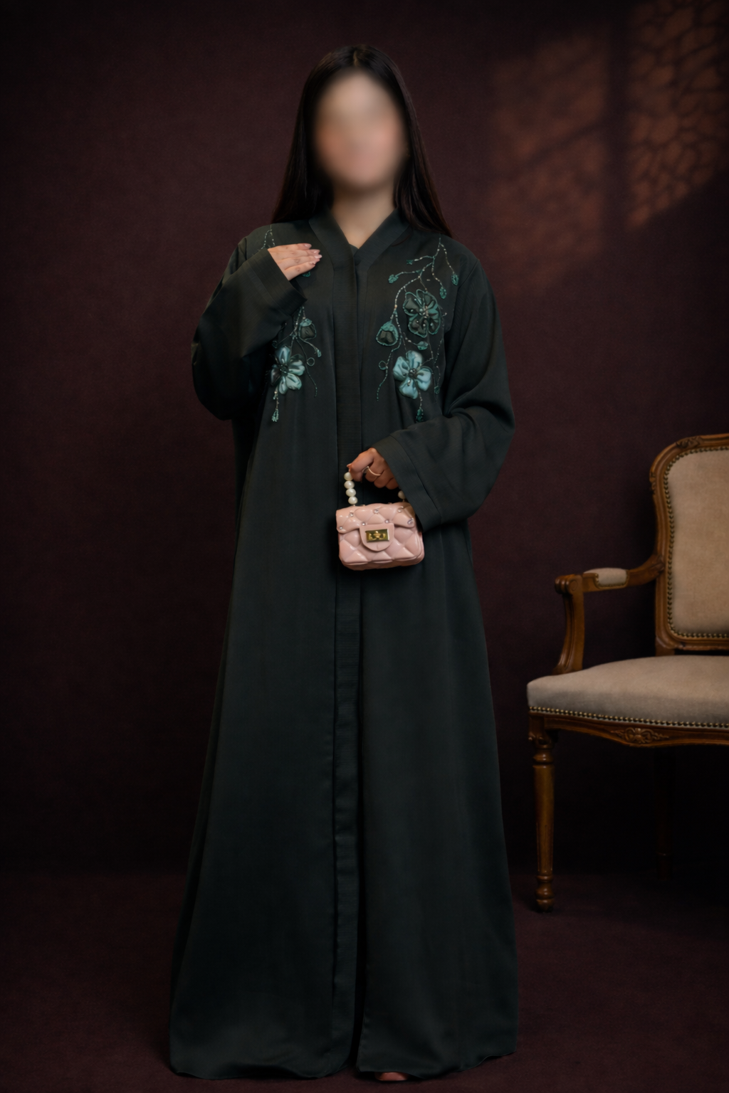 Hafsa floral tissue embroidered designer abaya for women in Pakistan
