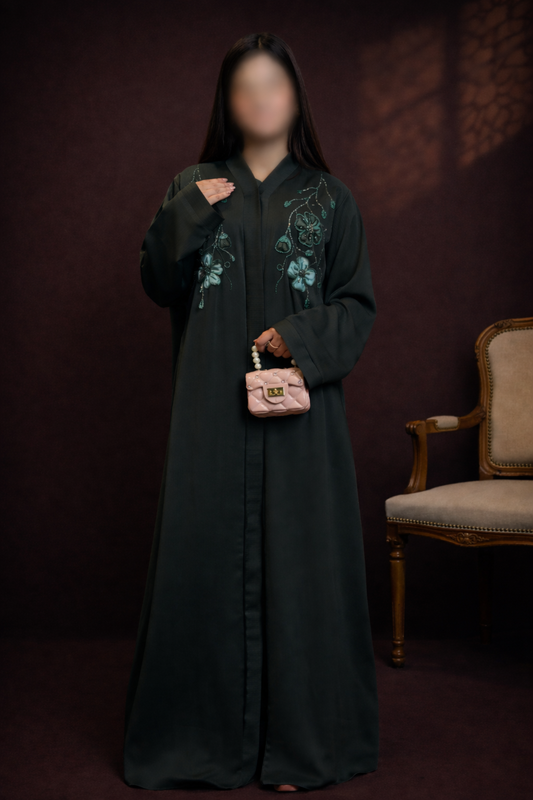 Hafsa floral tissue embroidered designer abaya for women in Pakistan
