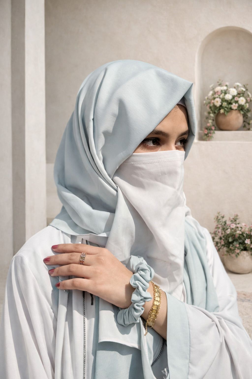 Ice Blue Korean Silk Inner Upper Front Open Abaya for Women in Pakistan – Luxury Modest Wear by Abdanis