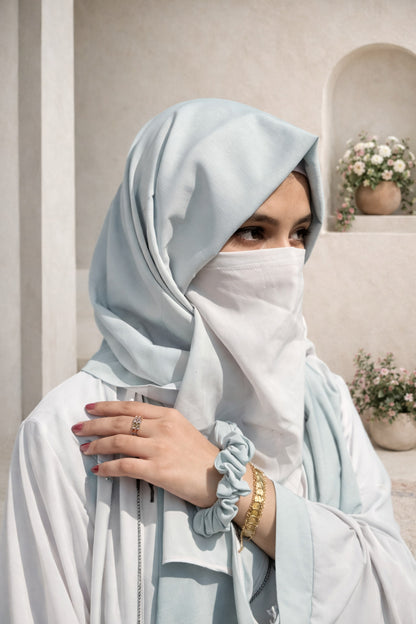 Ice Blue Korean Silk Inner Upper Front Open Abaya for Women in Pakistan – Luxury Modest Wear by Abdanis