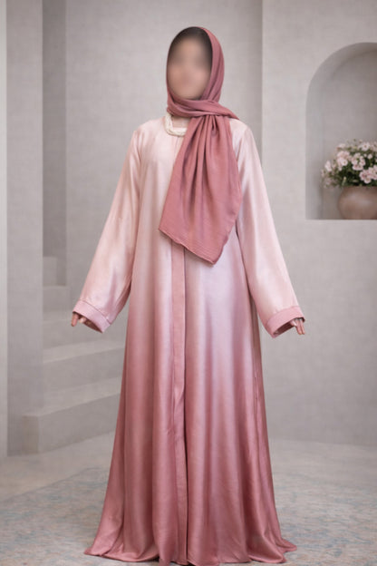 Blush Rose Ombre Tie Dye Front Open Korean Silk Abaya for Women in Pakistan – Premium Modest Abaya by Abdanis