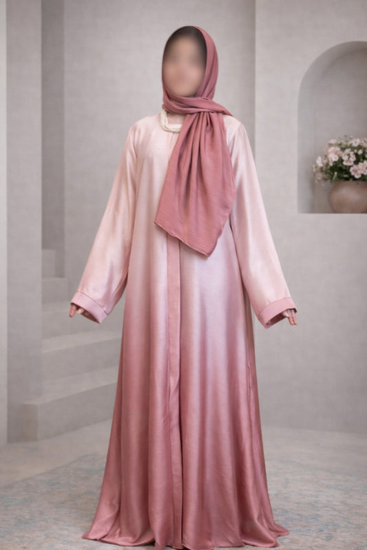 Blush Rose Ombre Tie Dye Front Open Korean Silk Abaya for Women in Pakistan – Premium Modest Abaya by Abdanis