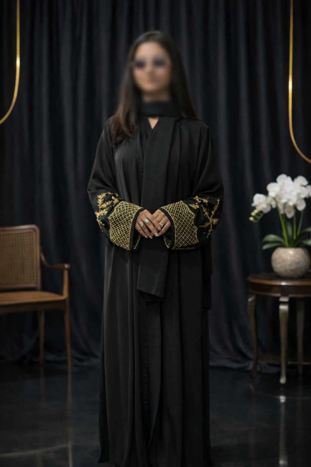Front Open Korean Plain Nida Abaya – Sleeved Golden 3D Hand Work Luxury Abaya| Abdanis