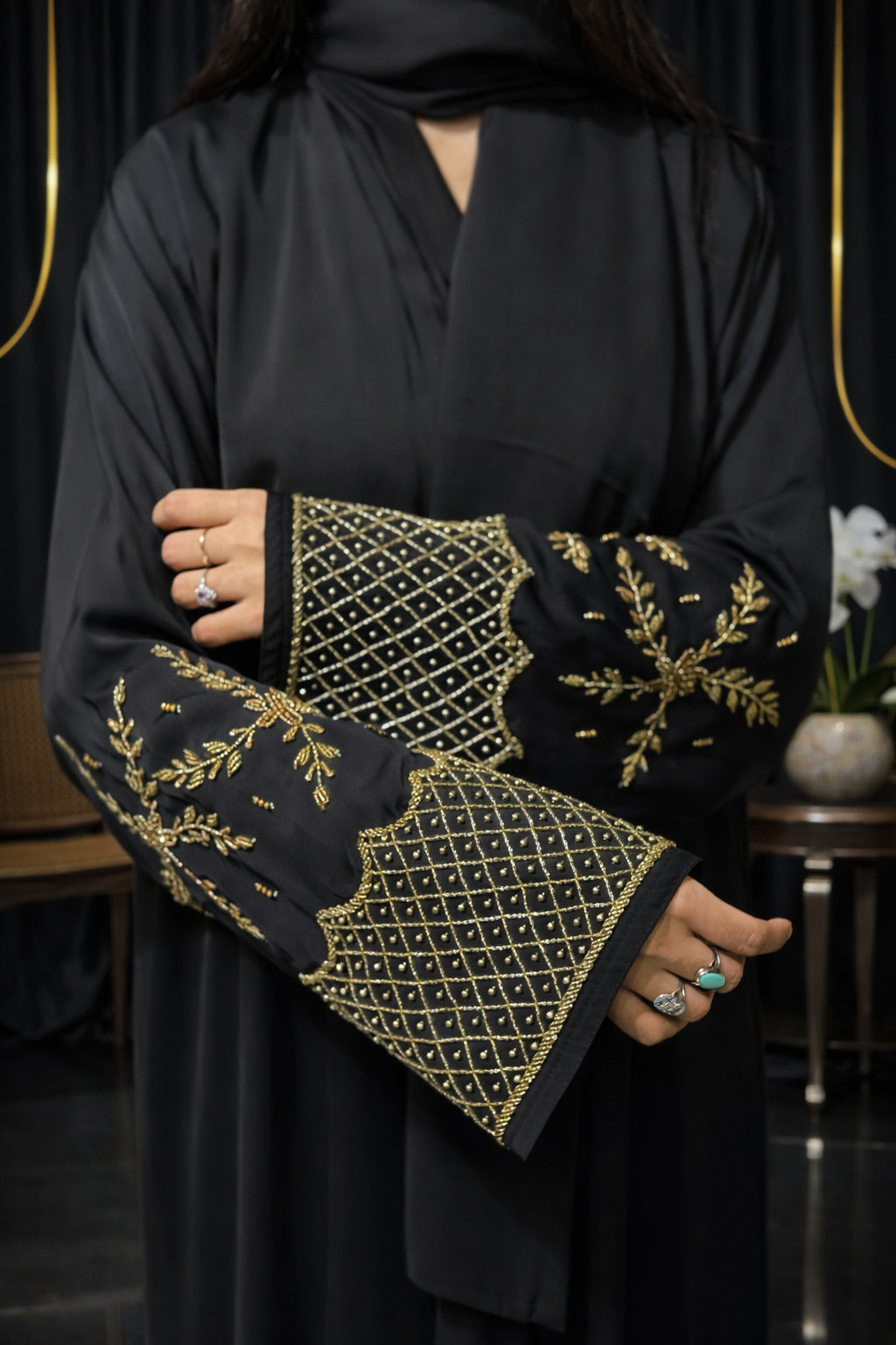 Front Open Korean Plain Nida Abaya – Sleeved Golden 3D Hand Work Luxury Abaya| Abdanis