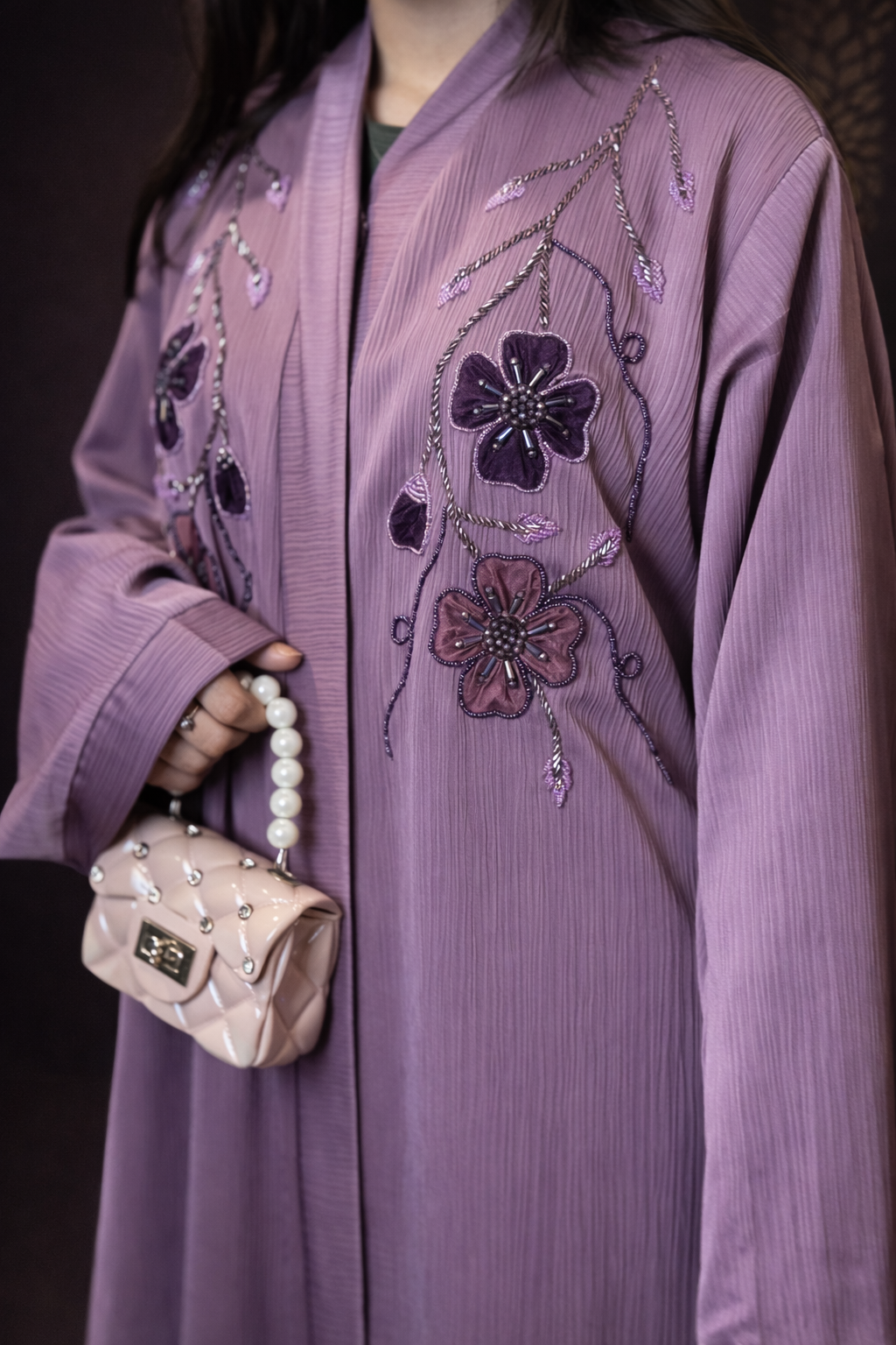 Hafsa floral tissue embroidered designer abaya for women in Pakistan
