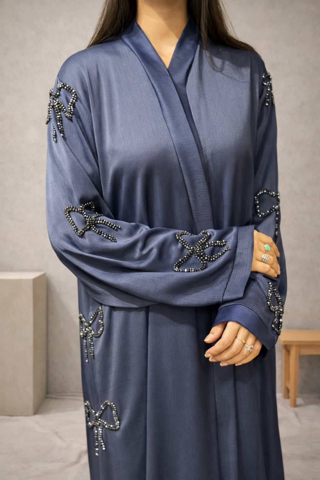 Front Open Crinkle Big Bow Cut Dana Luxury Abaya | Abdanis