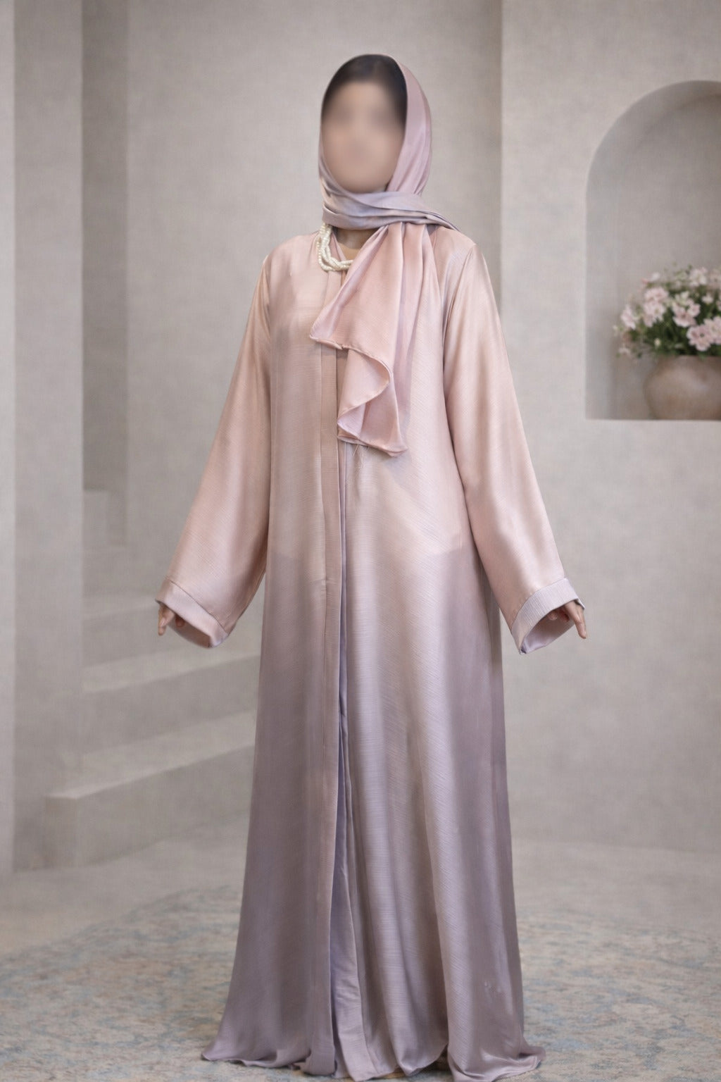 Silver Taupe Ombre Tie Dye Front Open Korean Silk Abaya for Women in Pakistan – Premium Modest Abaya by Abdanis