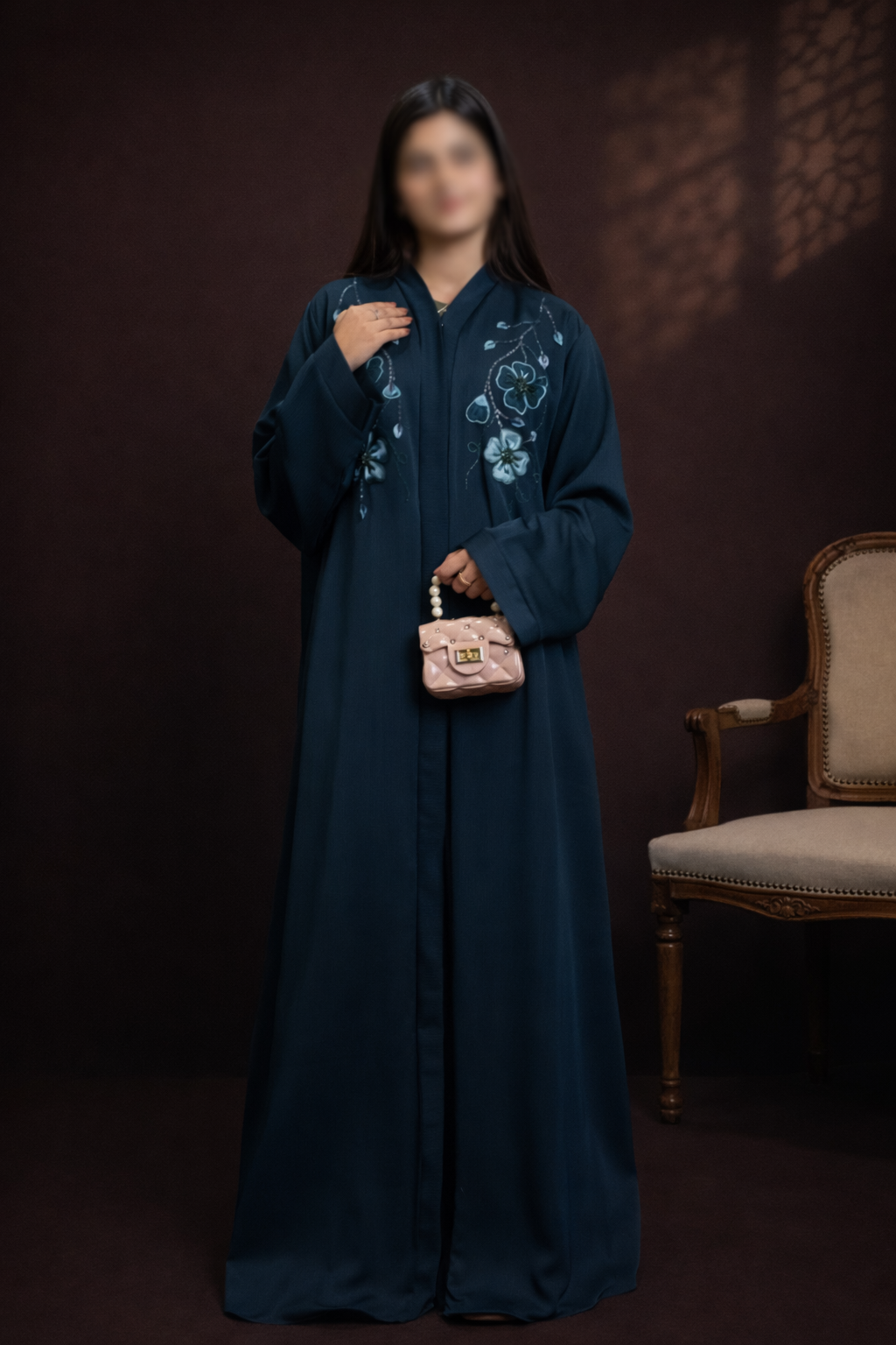 Hafsa floral tissue embroidered designer abaya for women in Pakistan
