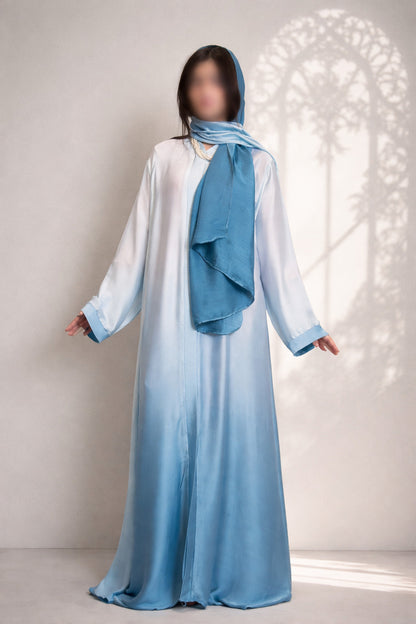Blue White Ombre Tie Dye Front Open Korean Silk Abaya for Women in Pakistan – Premium Modest Abaya by Abdanis