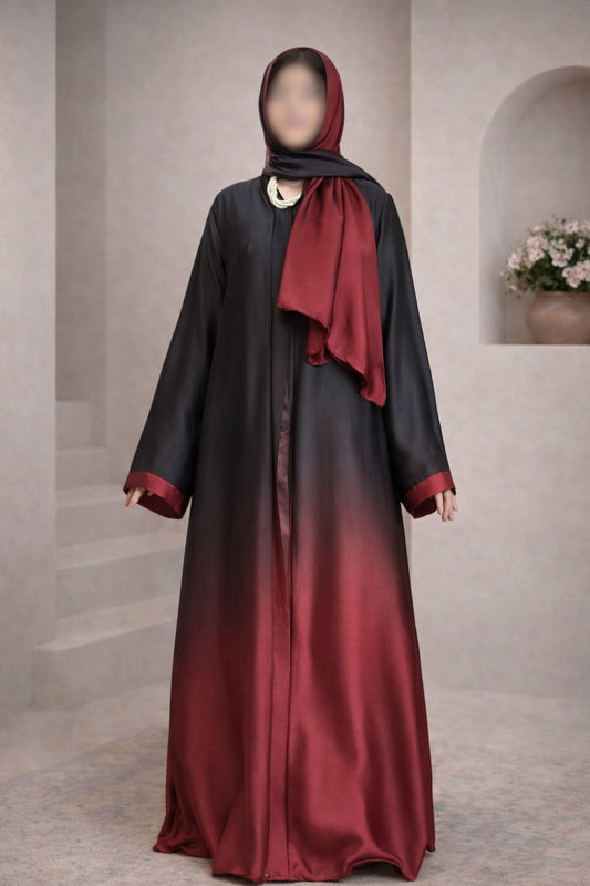 Black Red Ombre Tie Dye Front Open Korean Silk Abaya for Women in Pakistan – Premium Modest Abaya by Abdanis