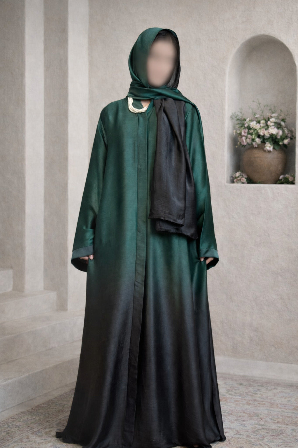 Emerald Green Black Ombre Tie Dye Front Open Korean Silk Abaya – Premium Modest Wear Pakistan | Abdanis