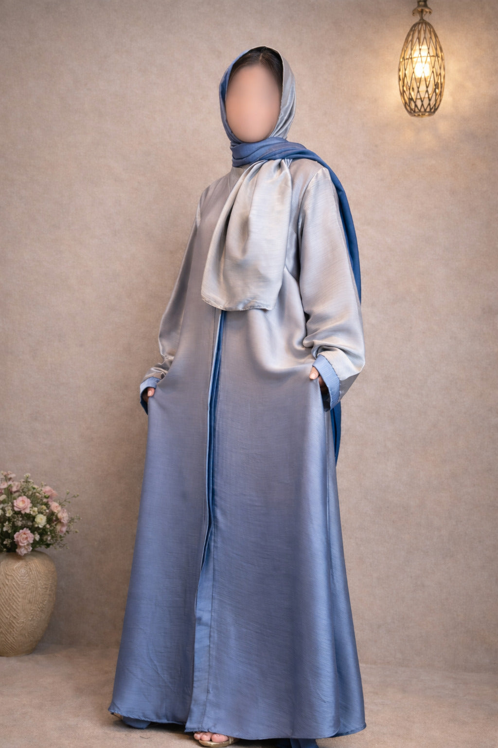 Grey Blue Ombre Tie Dye Front Open Korean Silk Abaya for Women in Pakistan – Premium Modest Abaya by Abdanis