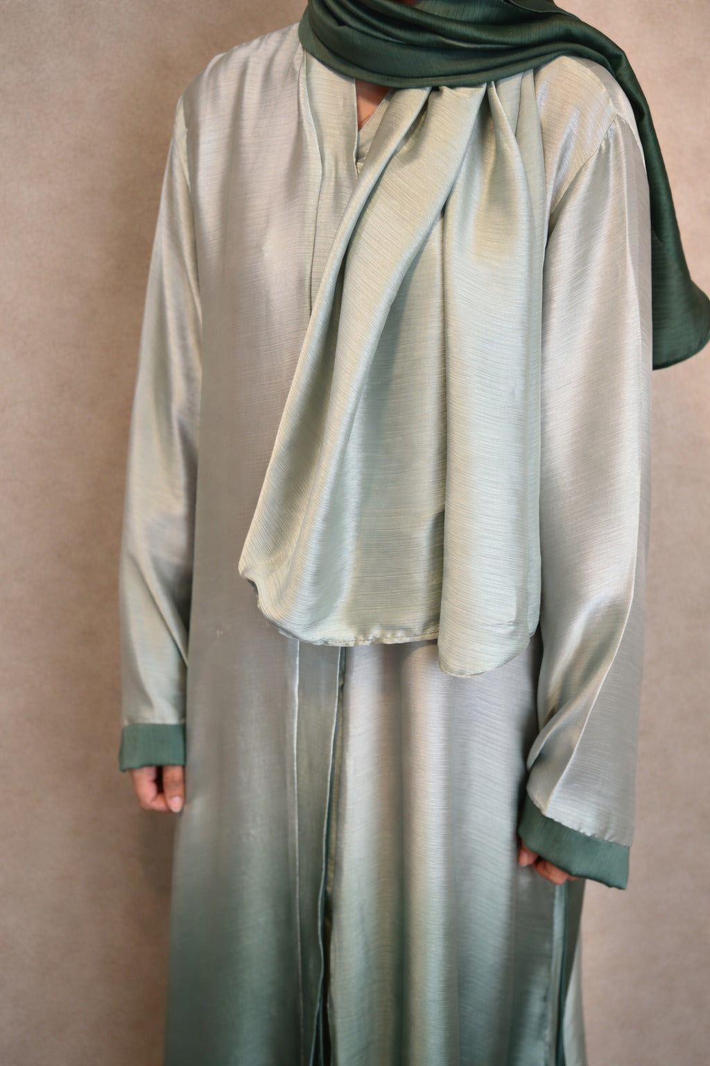 Light Dark Green Ombre Tie Dye Front Open Korean Silk Abaya for Women in Pakistan – Premium Modest Abaya by Abdanis