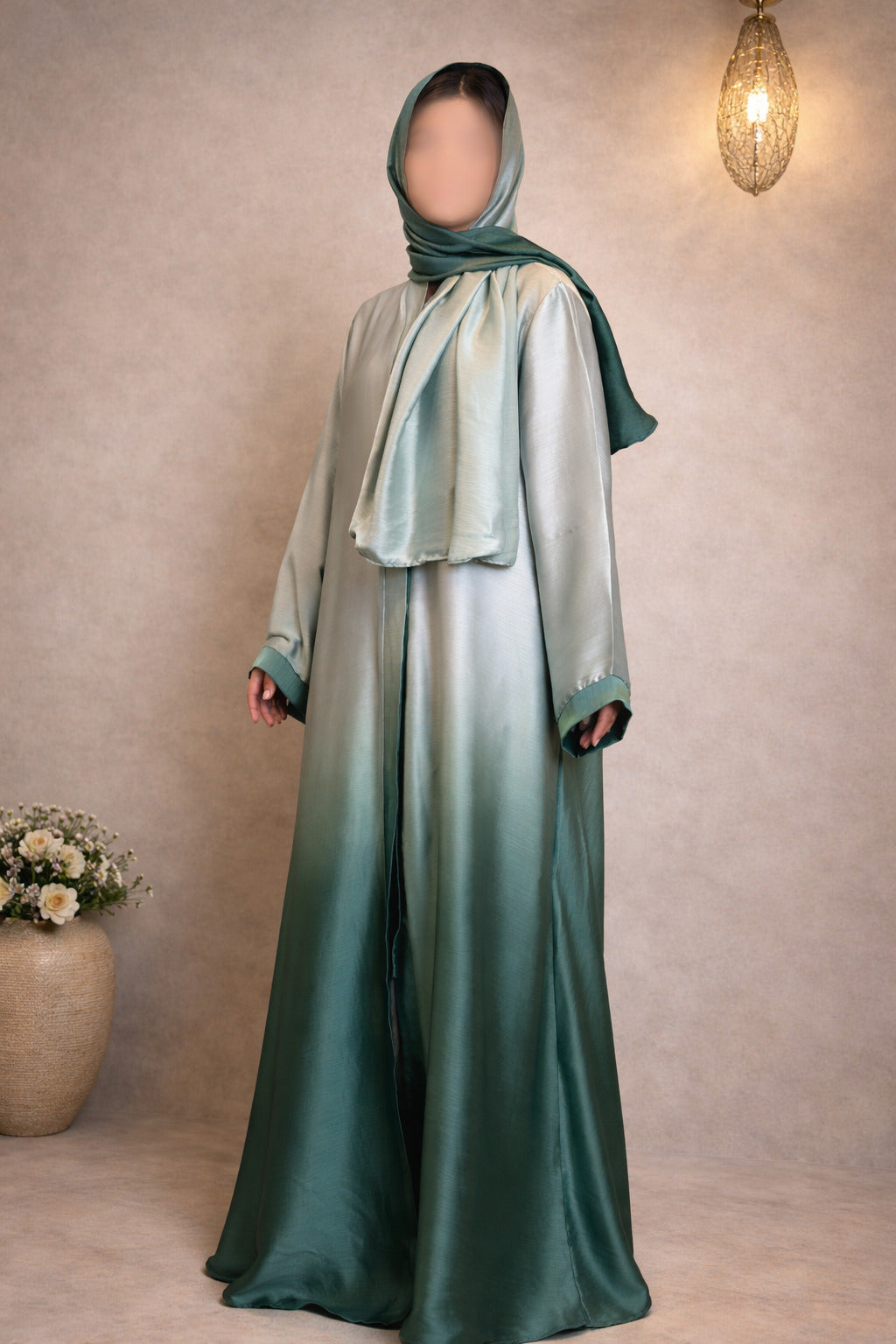 Light Dark Green Ombre Tie Dye Front Open Korean Silk Abaya for Women in Pakistan – Premium Modest Abaya by Abdanis