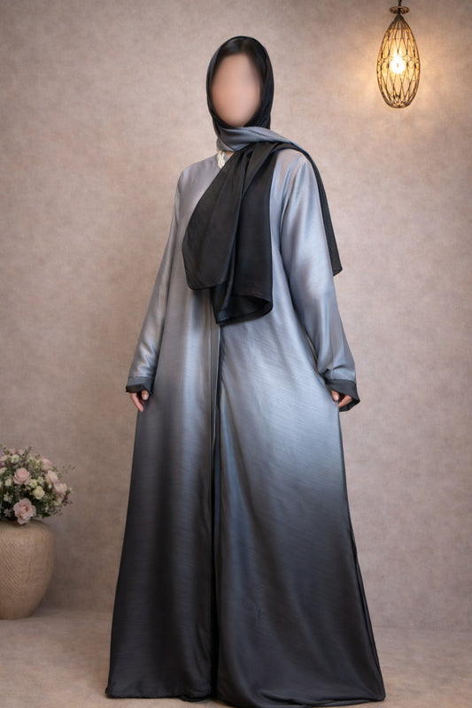 Light Silver Charcoal Ombre Tie Dye Front Open Korean Silk Abaya for Women in Pakistan – Premium Modest Abaya by Abdanis