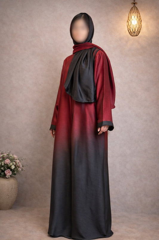Crimson Red Black Ombre Tie Dye Front Open Korean Silk Abaya for Women in Pakistan – Premium Modest Abaya by Abdanis