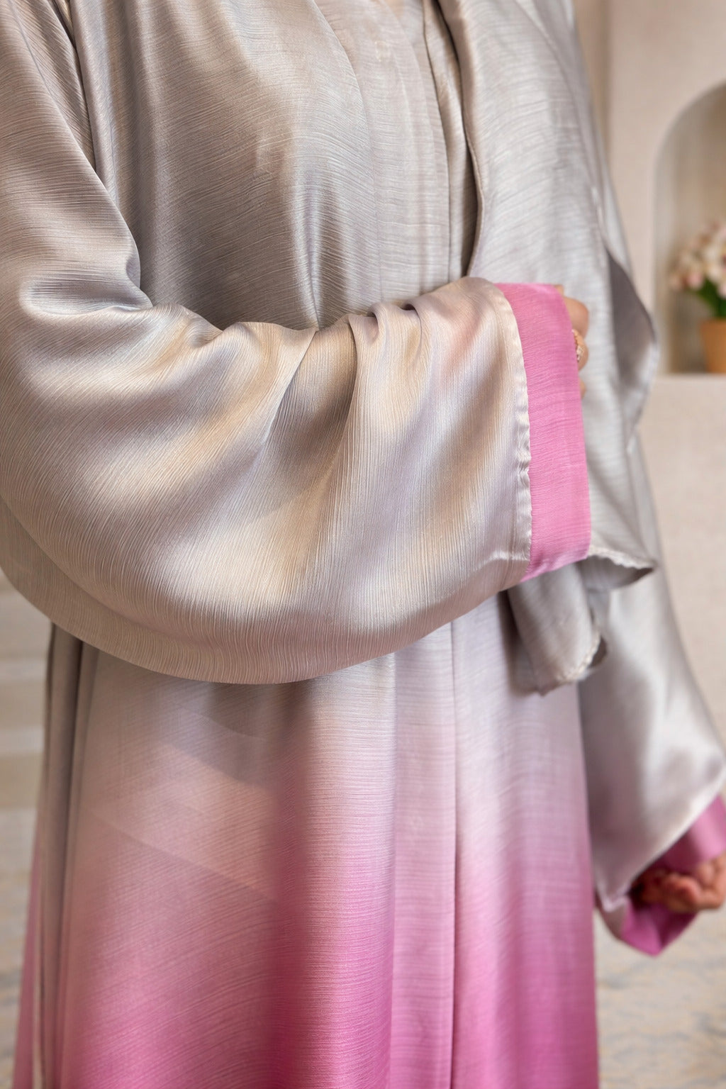 Silver Rose Pink Ombre Tie Dye Front Open Korean Silk Abaya for Women in Pakistan – Premium Modest Abaya by Abdanis