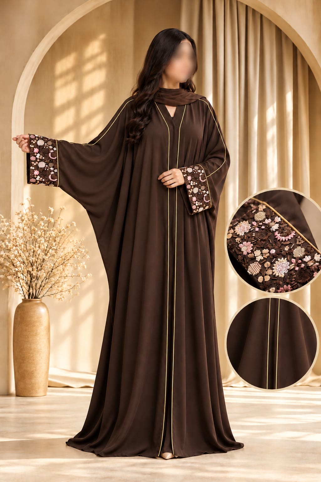 Toffee Butterfly Cut Floral Cutdana Embroidery Abaya | Abdanis