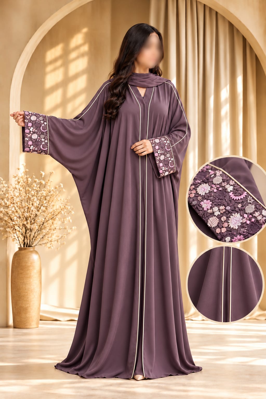 Toffee Butterfly Cut Floral Cutdana Embroidery Abaya | Abdanis