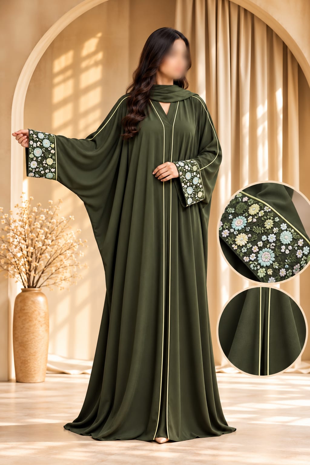 Toffee Butterfly Cut Floral Cutdana Embroidery Abaya | Abdanis