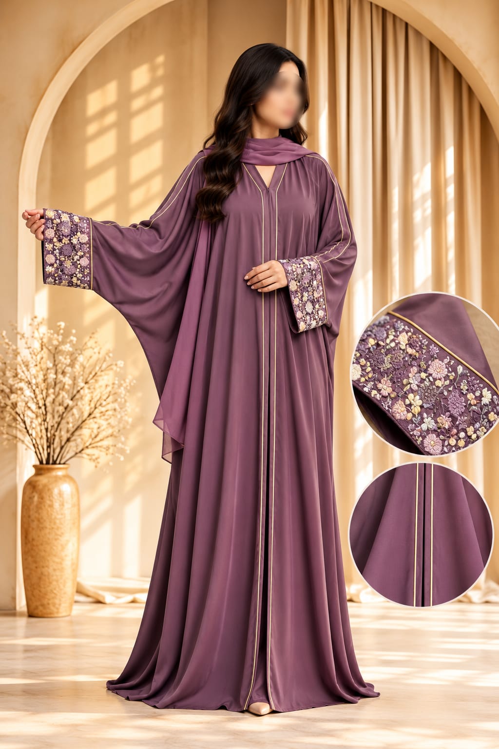 Toffee Butterfly Cut Floral Cutdana Embroidery Abaya | Abdanis