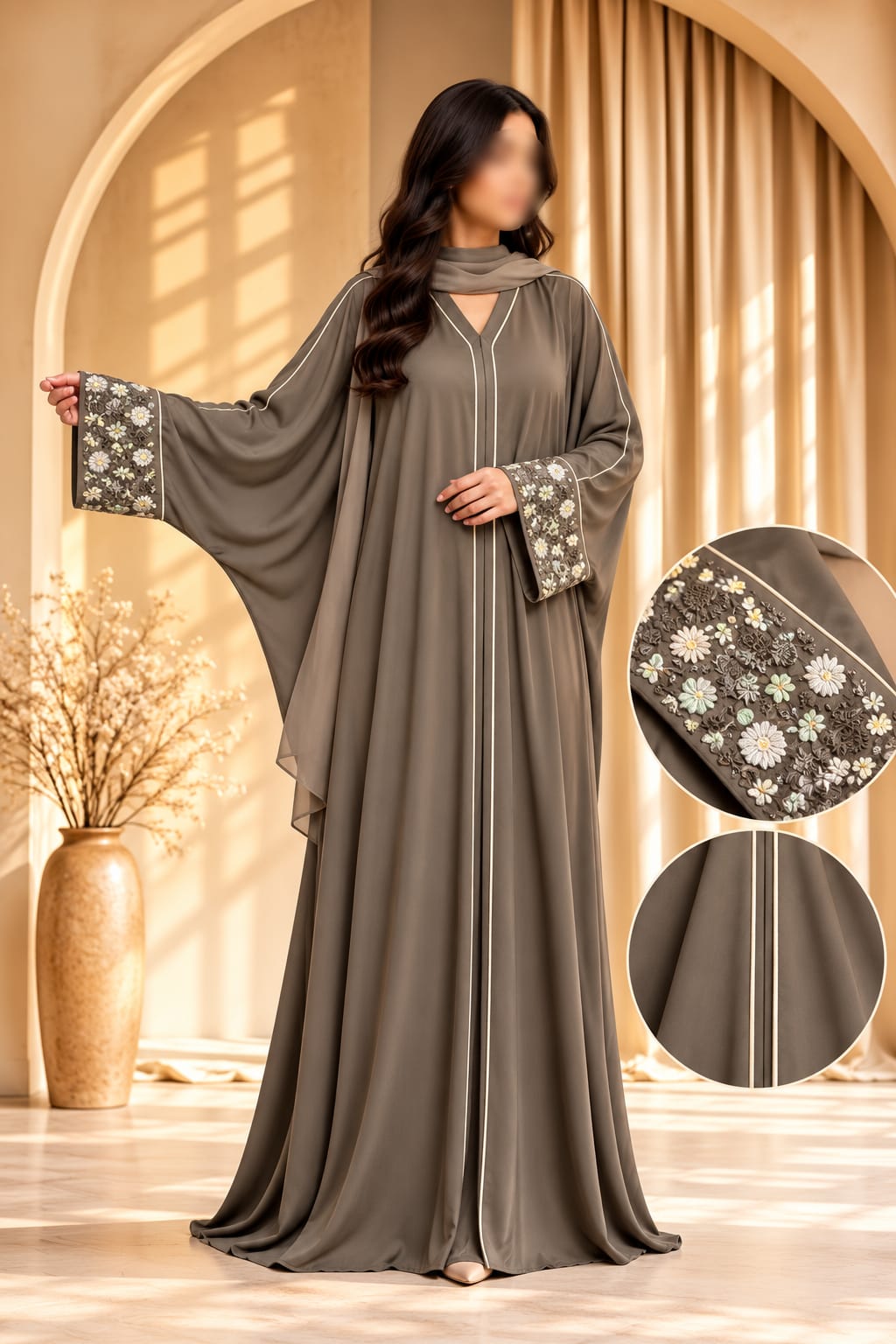 Toffee Butterfly Cut Floral Cutdana Embroidery Abaya | Abdanis