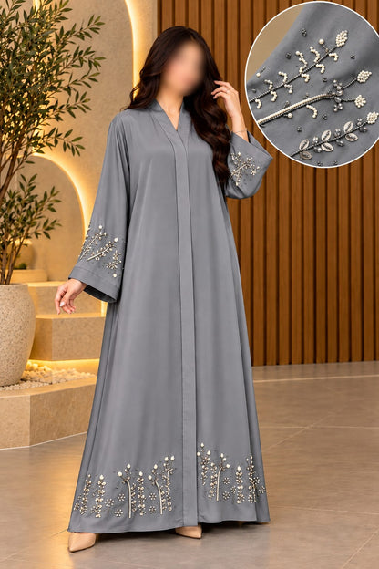SAFA ABAYA DAMAN SLEVEES MOONSTONE & PEARL WORK ABAYA | ABDANIS