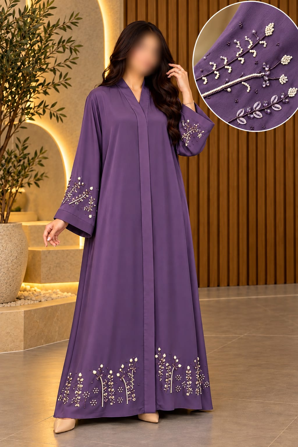 SAFA ABAYA DAMAN SLEVEES MOONSTONE & PEARL WORK ABAYA | ABDANIS