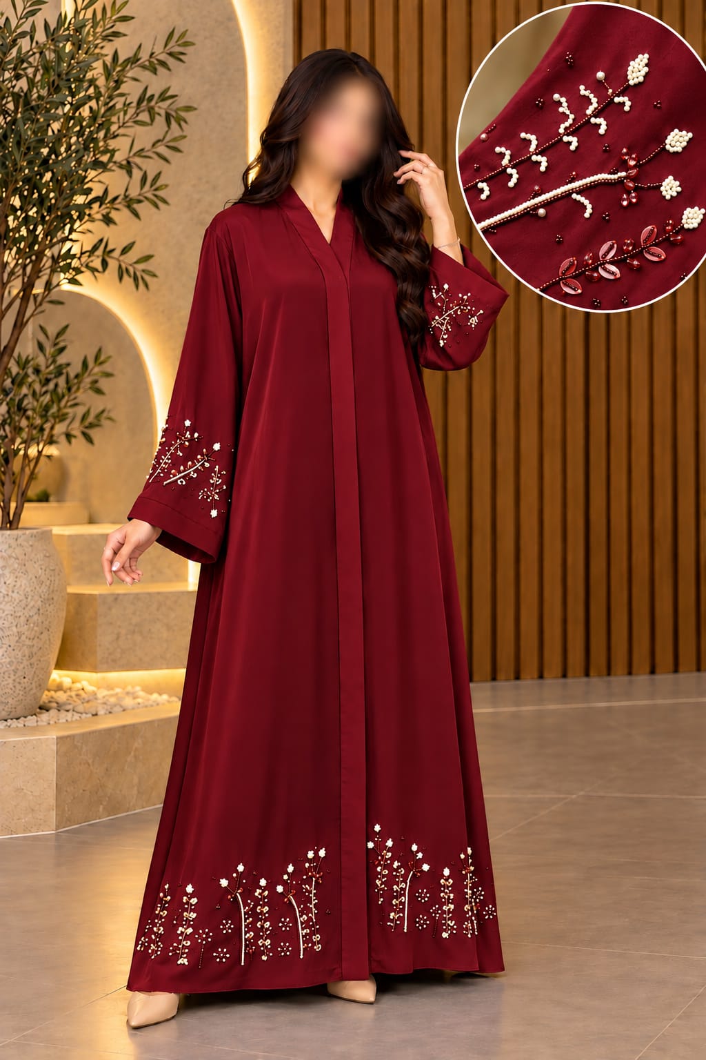SAFA ABAYA DAMAN SLEVEES MOONSTONE & PEARL WORK ABAYA | ABDANIS
