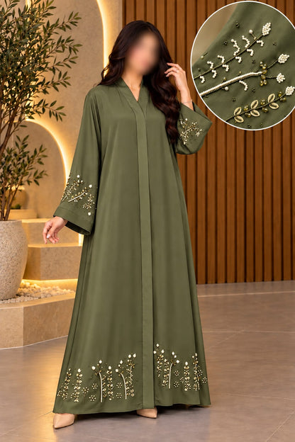SAFA ABAYA DAMAN SLEVEES MOONSTONE & PEARL WORK ABAYA | ABDANIS