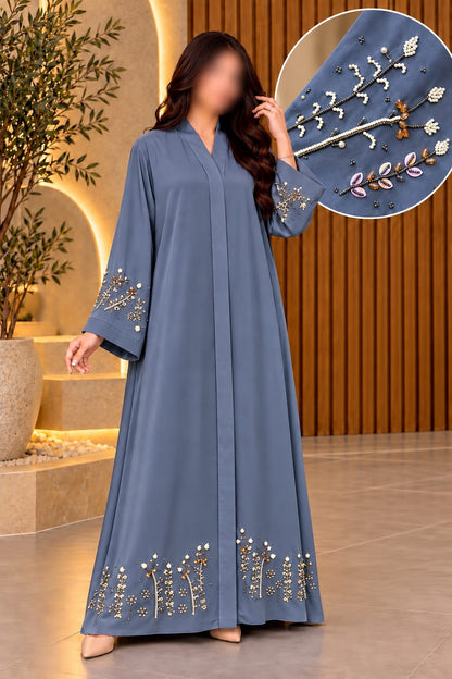 SAFA ABAYA DAMAN SLEVEES MOONSTONE & PEARL WORK ABAYA | ABDANIS