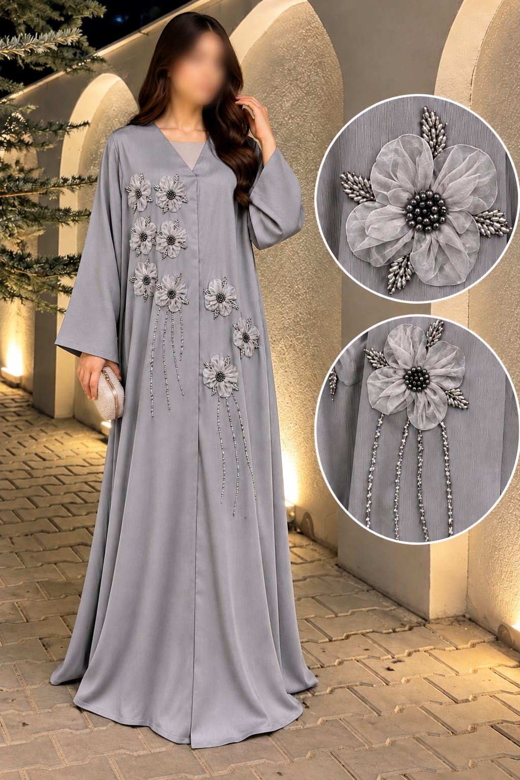 Flower Bunch Tissue Work Embroidered Abaya | Abdanis