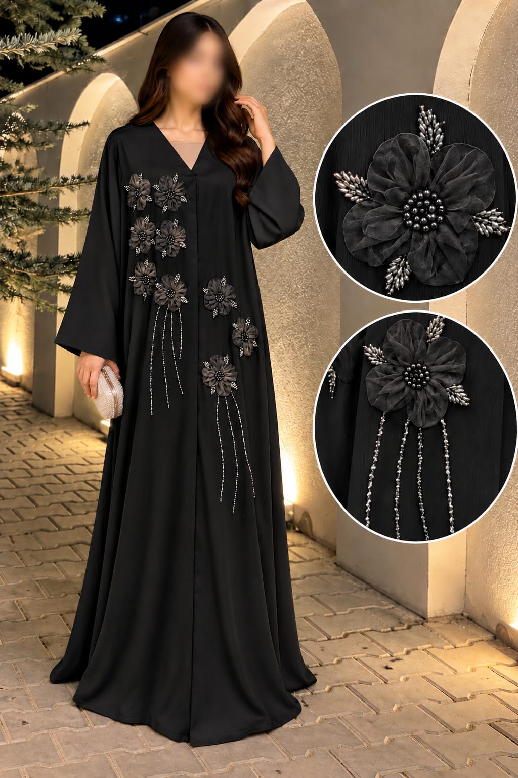 Flower Bunch Tissue Work Embroidered Abaya | Abdanis
